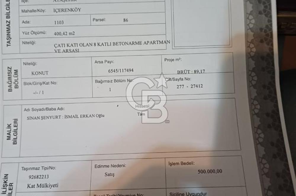 İÇERENKÖY-BOSTANCI METRO YAKINI SATILIK MASRAFSIZ LÜKS 2+1 DAİRE