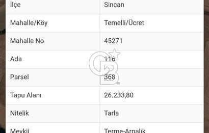 TEK ve KÖK TAPU. Ankara Sincan Ücret Mahallesinde Dereye bitişik Kadastro Yolu Olan Harika Lokasyonda Tarla