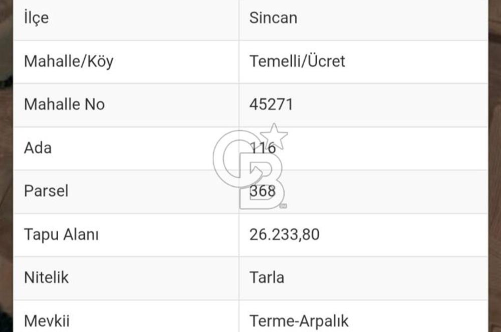 TEK ve KÖK TAPU. Ankara Sincan Ücret Mahallesinde Dereye bitişik Kadastro Yolu Olan Harika Lokasyonda Tarla