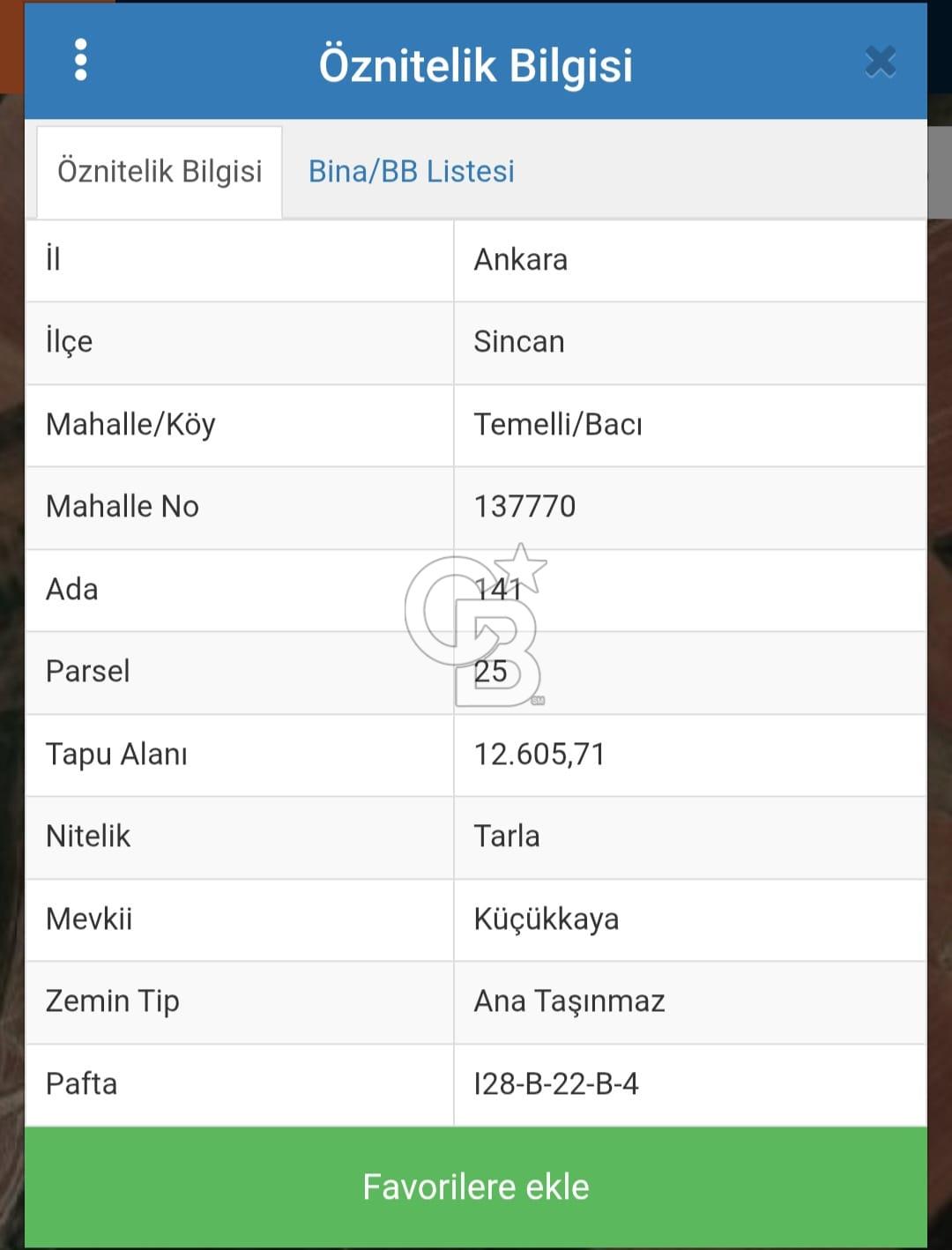 Tek ve Kök Tapu. Sincan Bacı Mahallesinde 12.605 m2 satılık tarla