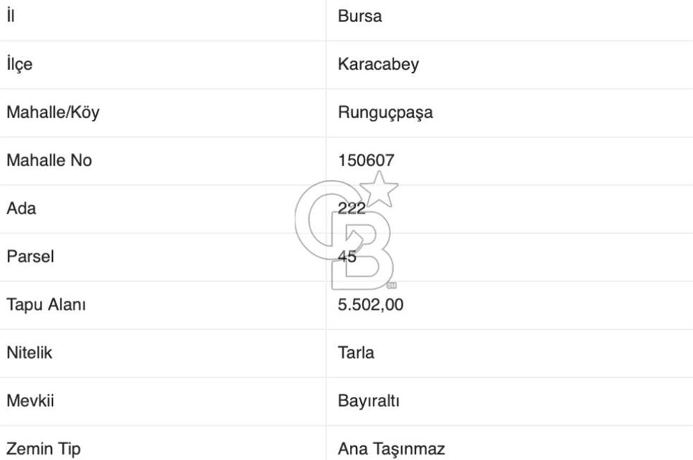 CB AMBIANCE'DAN KARACABEY/RUNGUÇPAŞA'DA 5.502 m² TARLA