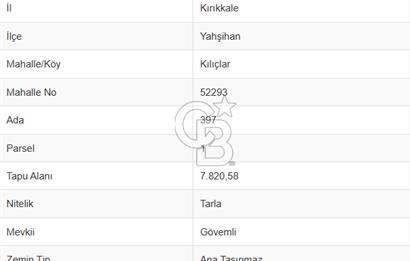 Kırıkkale Yahşihan Tek Tapu 7.820 m² Satılık Arsa