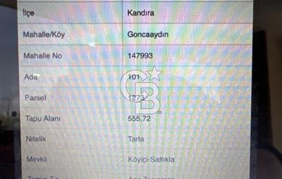 CB ATLASTAN KANDIRA GONCAAYDINDA 555m2 SATILIK TARLA