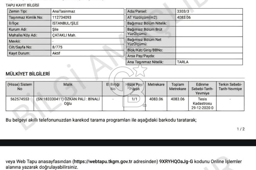 Şile Çataklı Mahallesi'nde 4084 M2 Yola Cephe Yatırımlık Arsa