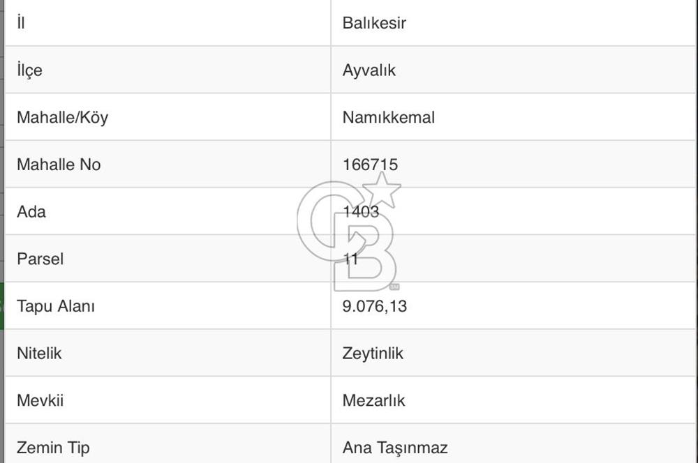 BALIKESİR AYVALIK 9077 M2 DENİZE SIFIR ARSA CB-PH DEN