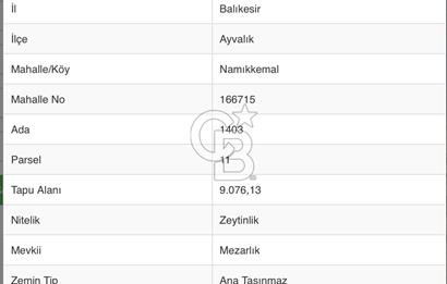 BALIKESİR AYVALIK 9077 M2 DENİZE SIFIR ARSA CB-PH DEN