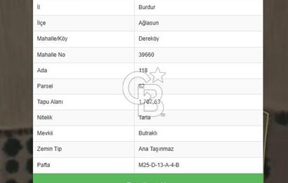 BURDUR AĞLASUN DEREKÖY'DE SATILIK TARLA