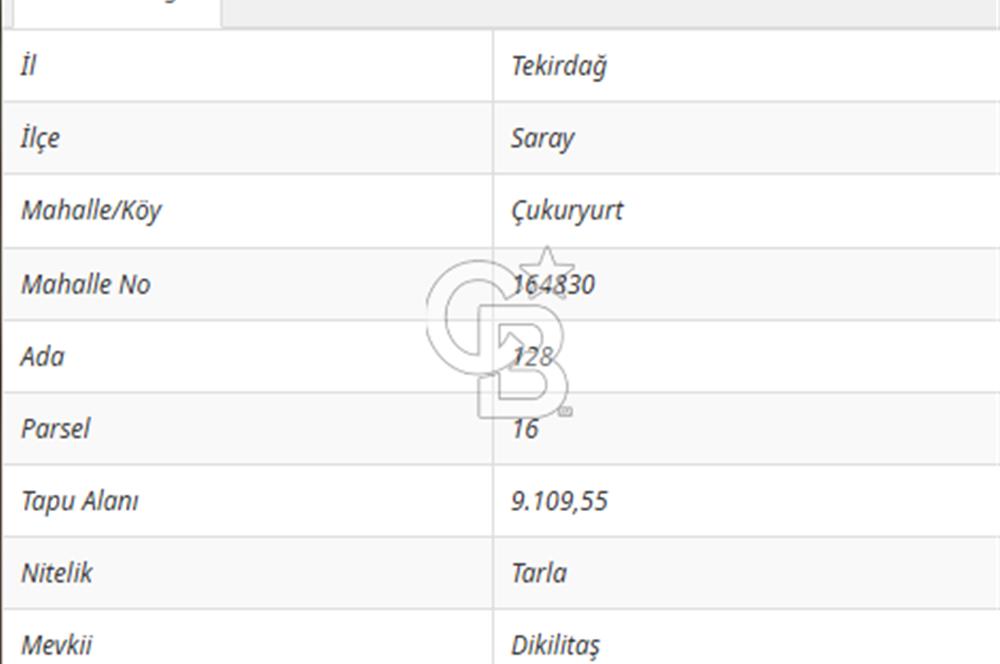TEKİRDAĞ SARAY ÇUKURYURT SATILIK HİSSELİ TARLA