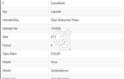 ÇANAKKALE LAPSEKİ GAZİSÜLEYMANPAŞA MAHALLESİ'NDE SATILIK İMARLI ARSA