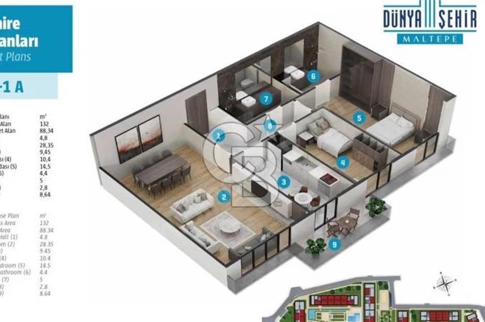 Maltepe Dünya şehir satılık 2+1 daire A tipi 88m2 Eylül teslim