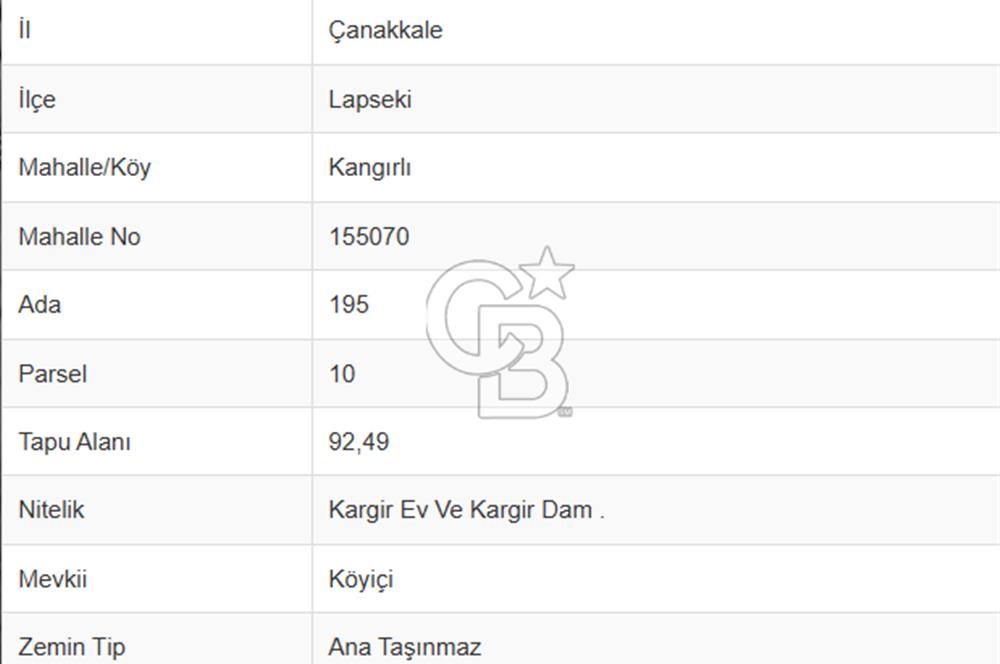 Çanakkale Lapseki Kangırlı'da Satılık 249 m² Arsa ve Eski Ev