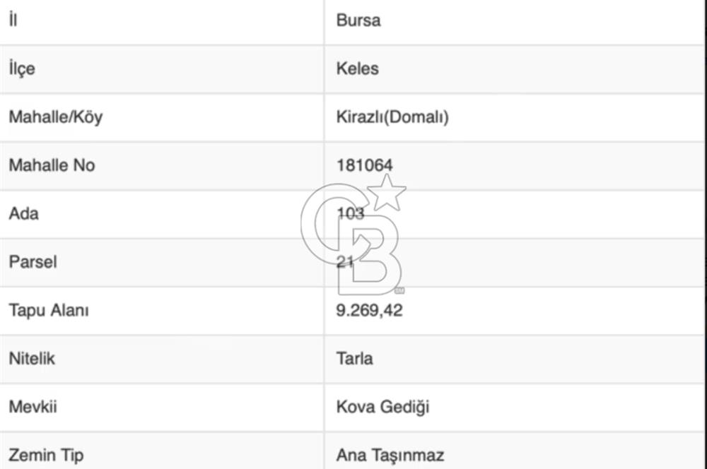 CB BLACK'TAN BURSA KELES KİRAZLI'DA SATILIK TARLA