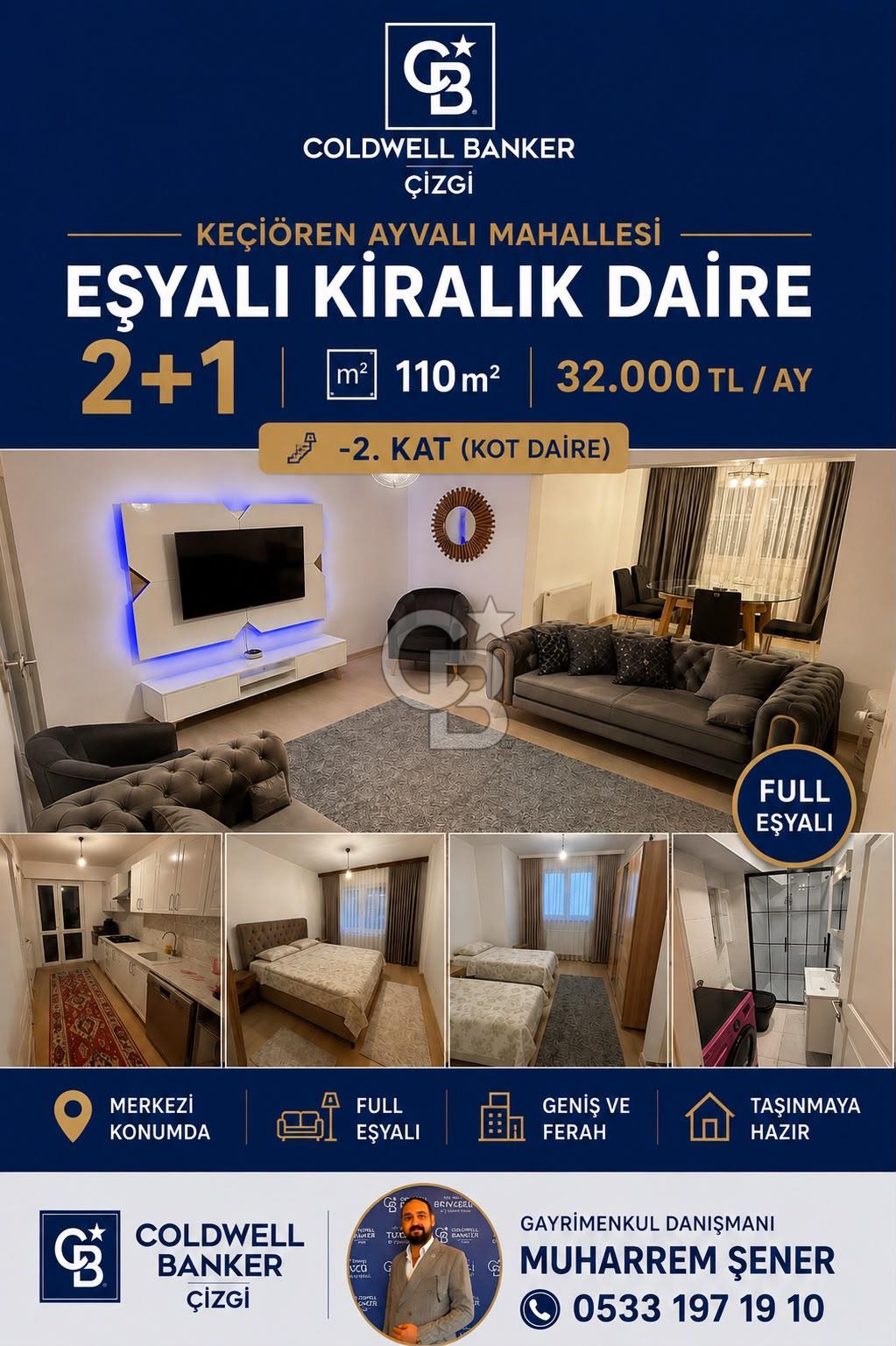 Keçiören Ayvalı Mah. Full Eşyalı 110 m² Kiralık 2+1 Daire | Taşınmaya Hazır