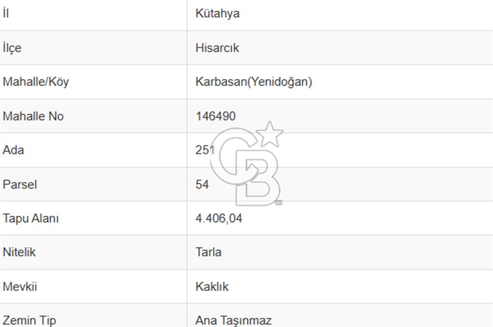 KÜTAHYA HİSARCIK'TA KADASTRAL YOLA CEPHE 4406m2 YATIRIMLIK TARLA