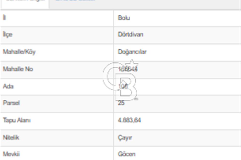 BOLU DÖRTDİVAN DOĞANCILAR KÖYÜNDE 4.883,64 m² SATILIK TARLA