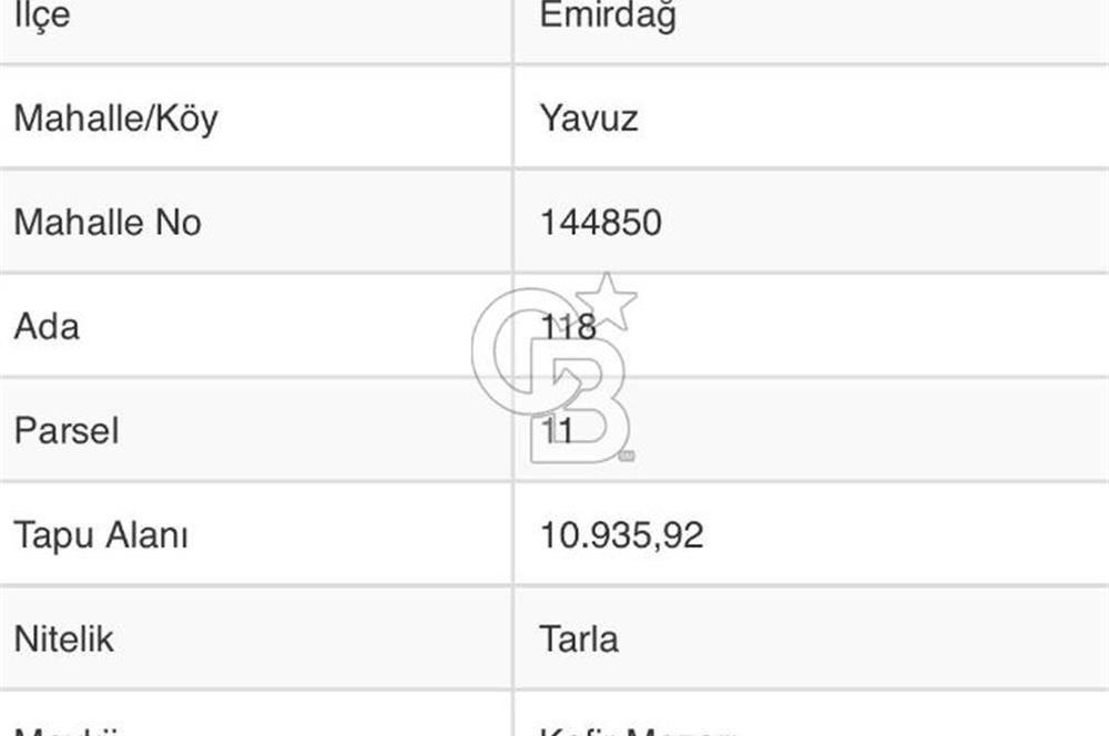 CB CITY'DEN EMİRDAĞ YAVUZ KÖYÜNDE SATILIK TARLA