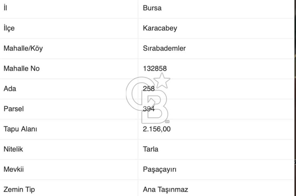 CB AMBIANCE'DAN KARACABEY/SIRABADEMLER'DE 2.156 m² TARLA