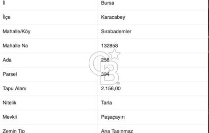 CB AMBIANCE'DAN KARACABEY/SIRABADEMLER'DE 2.156 m² TARLA