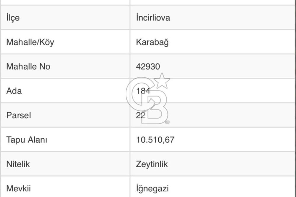 Aydın İncirliova Karabağ Mahallesinde 10.510 m2 Satılık Tar