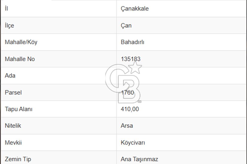 ÇANAKKALE/ÇAN/BAHADIRLI KÖYÜ 410 m² KÖY İÇİ İMARLI SATILIK ARSA