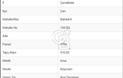 ÇANAKKALE/ÇAN/BAHADIRLI KÖYÜ 410 m² KÖY İÇİ İMARLI SATILIK ARSA