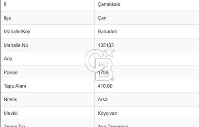 ÇANAKKALE/ÇAN/BAHADIRLI KÖYÜ 410 m² KÖY İÇİ İMARLI SATILIK ARSA