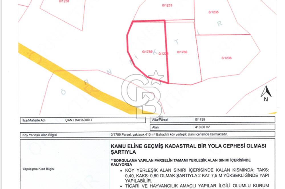 ÇANAKKALE/ÇAN/BAHADIRLI KÖYÜ 410 m² KÖY İÇİ İMARLI SATILIK ARSA