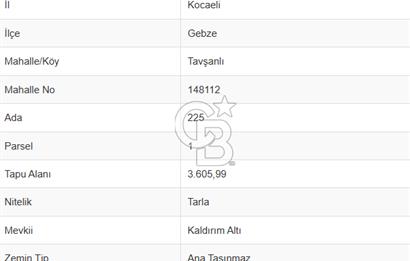 GEBZE TAVŞANLI'DA ANA CADDE ÜZERİ KİRALIK 3.600m2 ARSA