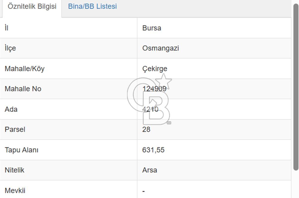 CB CLASS'TAN BURSA / ÇEKİRGE, 631 m² SATILIK İMARLI ARSA