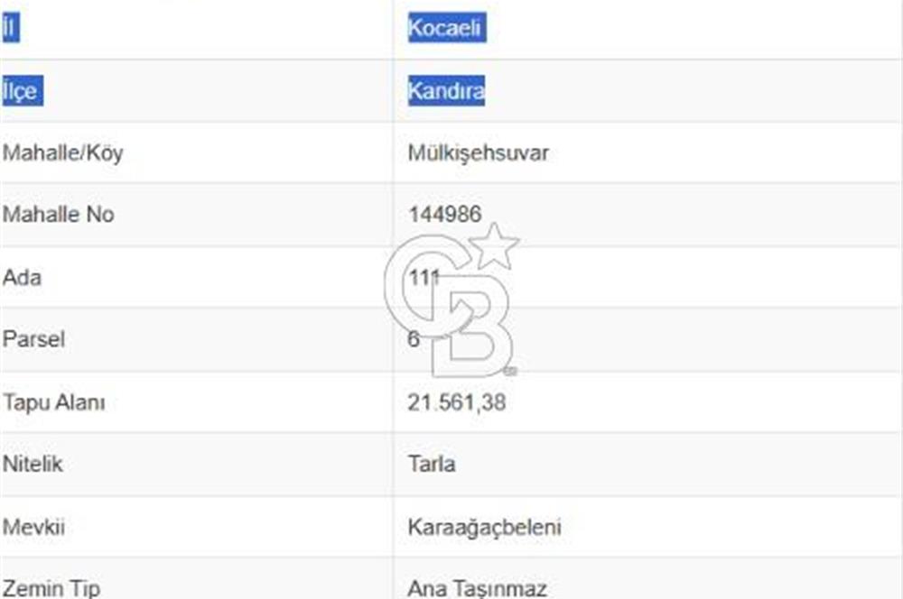 KOCAELİ KANDIRA MÜLKÜŞEHSUVARDA 21561 M2 SATILIK TARLA
