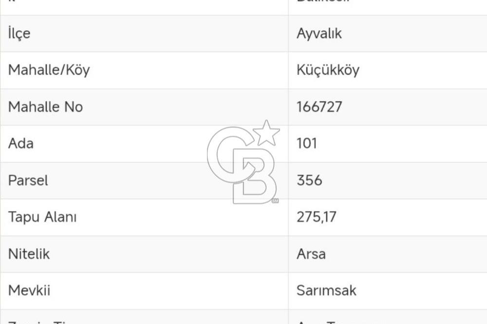 AYVALIK BADAVUT BÖLGESİNDE FIRSAT NİTELİĞİNDE 275 m² ARSA