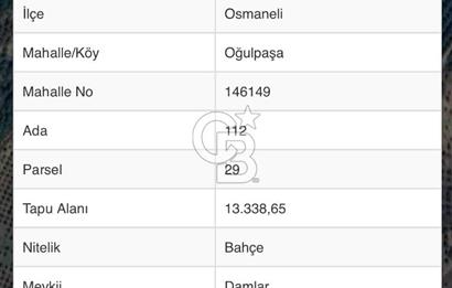 BİLECİK'TE ASFALT YOLA CEPHE 13.338 m2 SATILIK BAHÇE