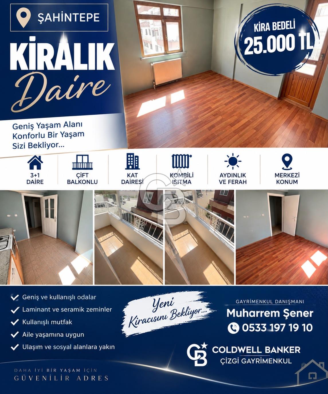 ŞAHİNTEPE’DE ÇİFT BALKONLU, GENİŞ VE FERAH 3+1 KİRALIK DAİRE