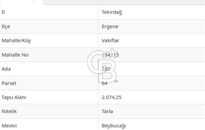 Tekirdağ Ergene Vakıflar'da Satılık Tarla