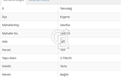 Tekirdağ Ergene Vakıflar'da Satılık Tarla