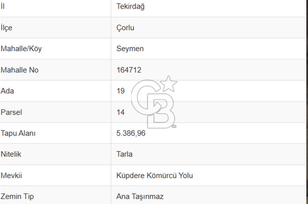 Tekirdağ Çorlu Seymen E-5 Cepheli 7.071 M² Satılık Tarla