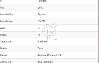 Tekirdağ Çorlu Seymen E-5 Cepheli 7.071 M² Satılık Tarla