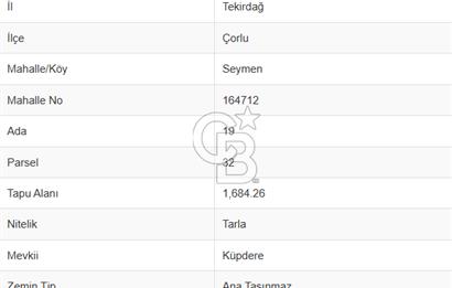 Tekirdağ Çorlu Seymen E-5 Cepheli 7.071 M² Satılık Tarla