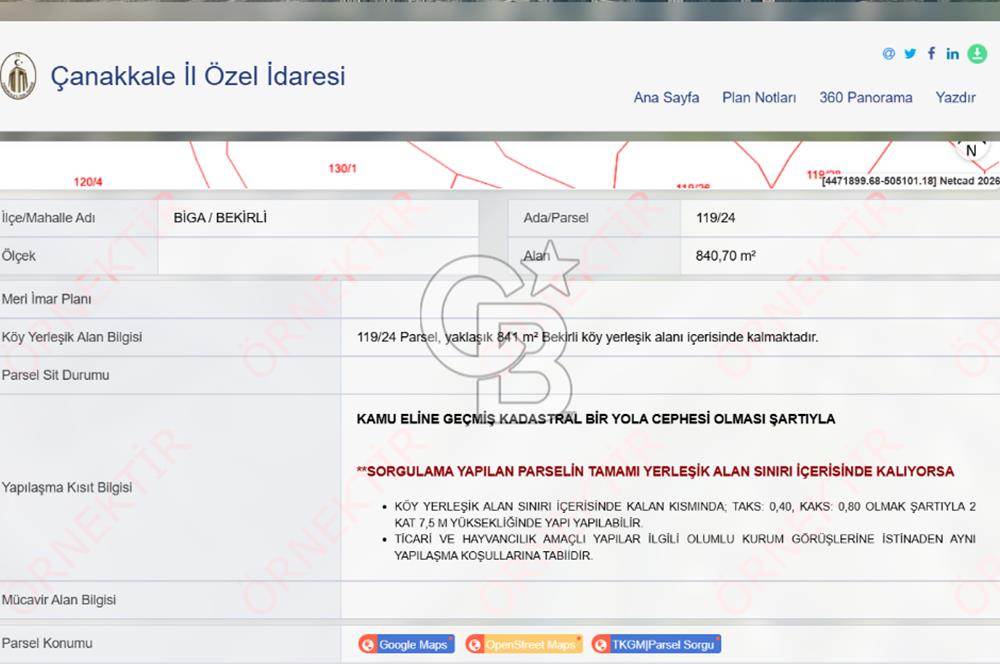 BİGA BEKİRLİ PARİON ANTİK KENTE YAKIN KÖYİÇİ EMSAL 0,80 MUHTEŞEM KONUMLU ARSA 