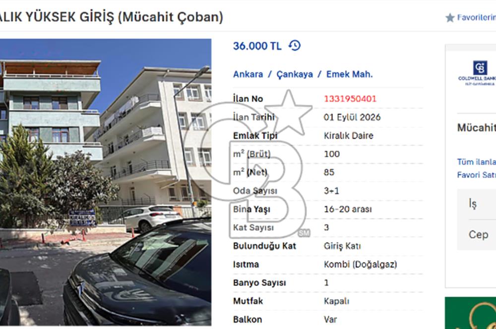 EMEK 19. SOKAK 3 + 1 KIRALIK YÜKSEK GİRİŞ