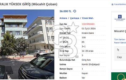 EMEK 19. SOKAK 3 + 1 KIRALIK YÜKSEK GİRİŞ
