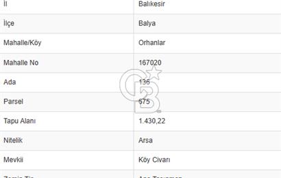 CB KİNG'DEN BALYA/ORHANLAR MAHALLESİ'NDE 1430m² SATILIK ARSA