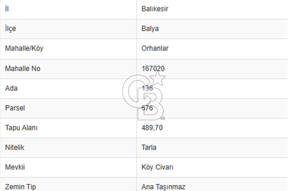 CB KİNG'DEN BALYA/ORHANLAR MAHALLESİ'NDE 489m² SATILIK TARLA