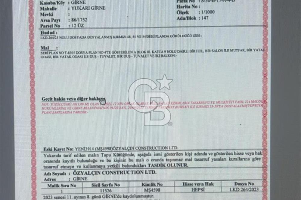 KKTC GİRNE MERKEZDE YENİ BİNADA SATILIK EŞYALI 2+1 DAİRE