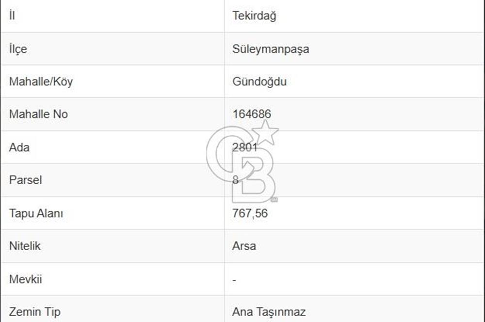 Tekirdağ Süleymanpaşa Gündoğdu Mah. Satılık 767,28 m² Arsa