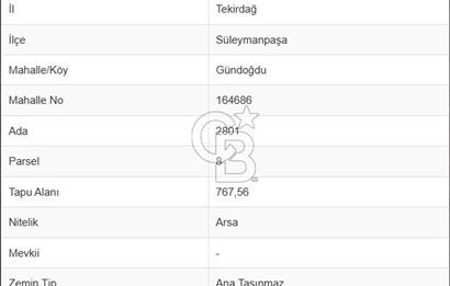 Tekirdağ Süleymanpaşa Gündoğdu Mah. Satılık 767,28 m² Arsa