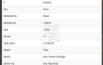 AKSU SOLAK'DA TARIMA VE YATIRIMA UYGUN 12.380 m2 TARLA