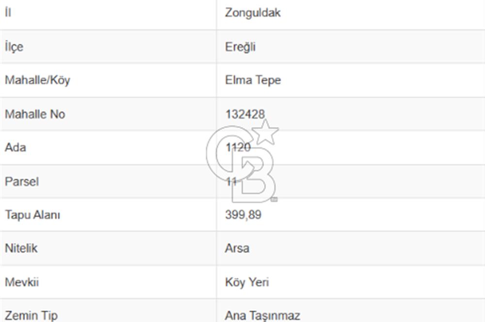EREĞLİ ELMA TEPE MAH. KONUT İMARLI 399M2 SATILIK ARSA