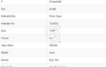 EREĞLİ ELMA TEPE MAH. KONUT İMARLI 399M2 SATILIK ARSA