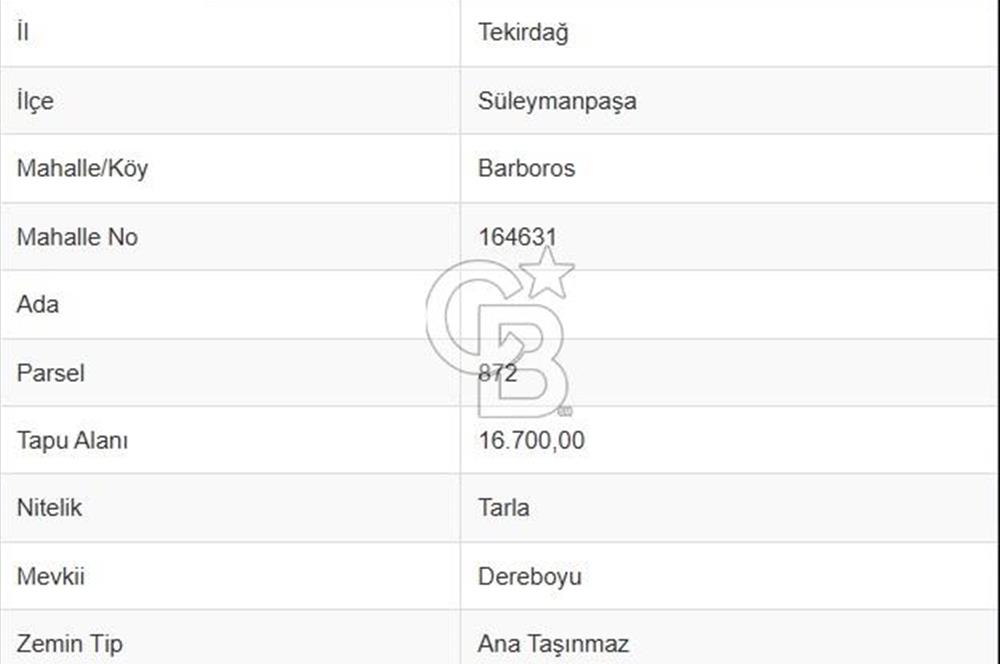 Tekirdağ Süleymanpaşa Barbaros Mah. Satılık 16700 m² Arsa